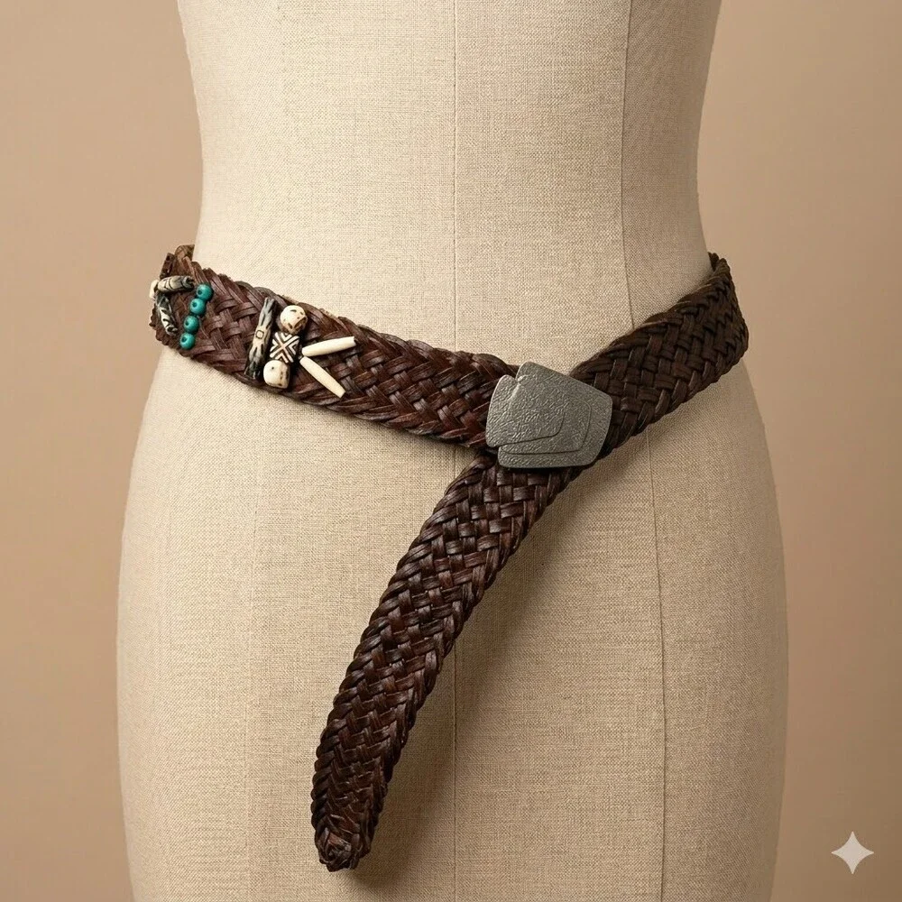 Boho Braided Brown Leather Belt Tribal Beaded Bone Accents One size adjustable